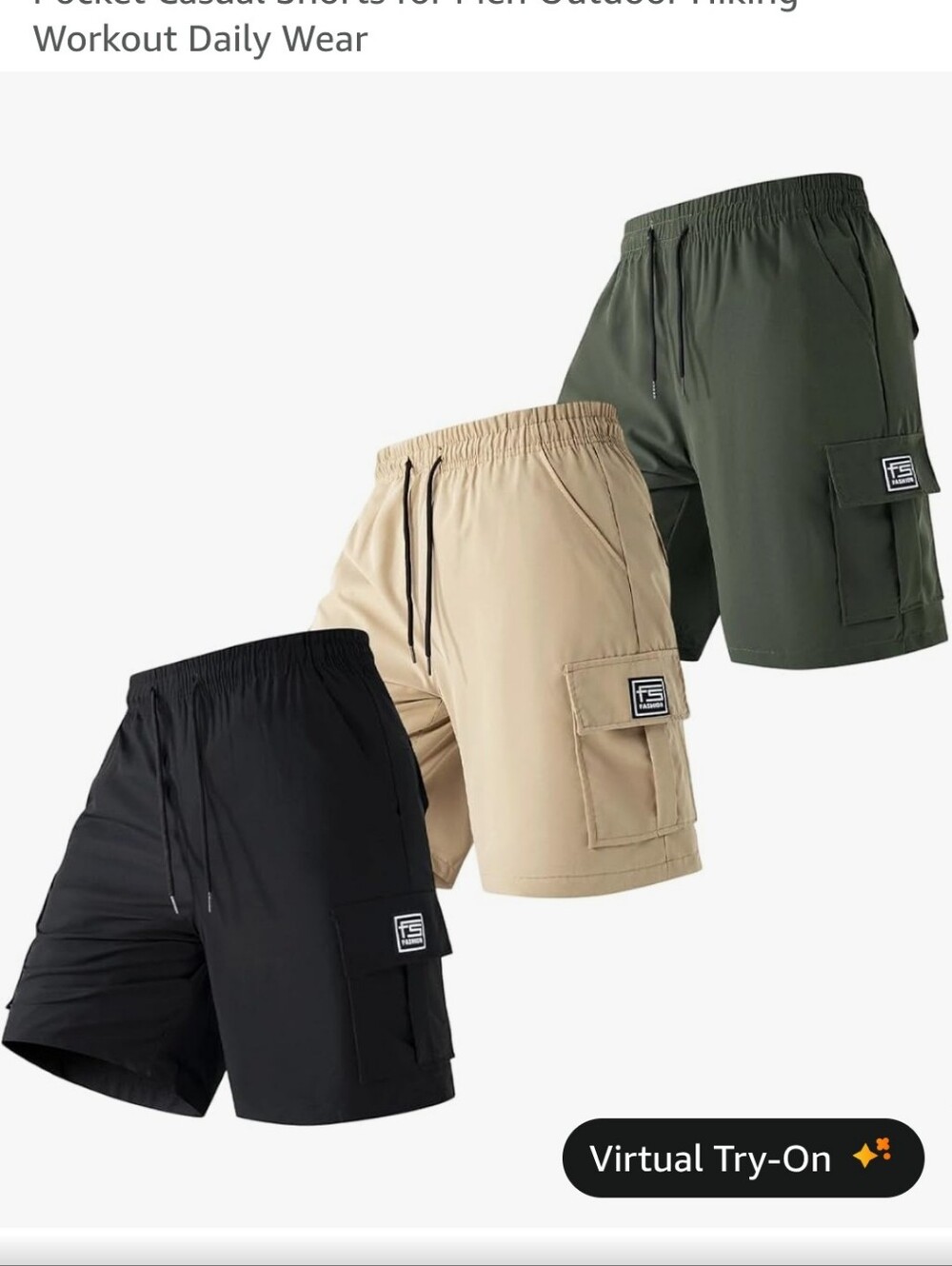 Men's Cargo Shorts with Elastic Waistband - Black, Khaki, Olive